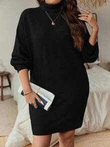 SHEIN Clasi Hơn Áo cao cổ tay cánh Đầm Áo len - màu đen - Xem 3