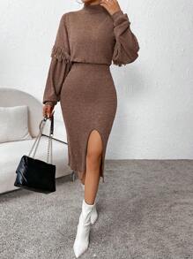 SHEIN Privé Áo cao cổ Viền rìa Tay áo lồng đèn Tách đùi Đầm - màu nâu - Xem 4