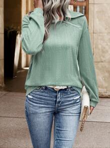 Chiquease Solid Zip Detail Drop Shoulder Sweatshirt Fall Sweatshirt - Green - View 6