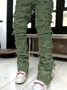 Men Ripped Frayed Skinny Jeans - Army Green - View 3