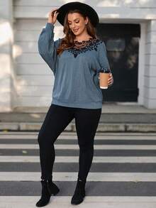SHEIN LUNE Plus Guipure Lace Insert Drop Shoulder Sweatshirt - Dusty Blue - View 4