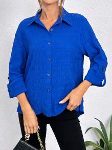 SHEIN Essnce 素色前紐扣落肩袖襯衫 - 寶藍色 - 查看 5