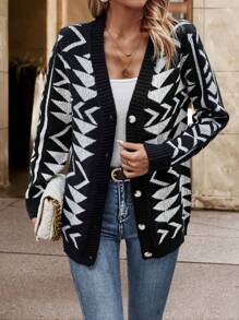 SHEIN LUNE 幾何圖案前紐扣開襟衫 - 彩色 - 查看 1