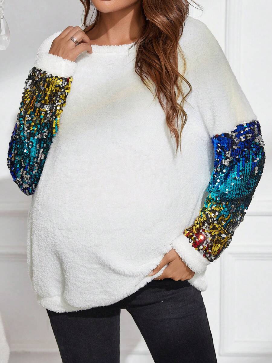 SHEIN Suéter suelto de maternidad con detalles de lentejuelas en contraste y textura suave, para invierno