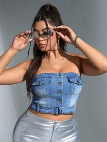 SHEIN ICON 大碼翻蓋口袋前紐扣牛仔抹胸上衣 - 藍色 - 查看 4