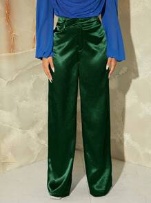 SHEIN SXY Cao eo Xa ten Quần ống rộng - Màu xanh lá cây đậm - Xem 1