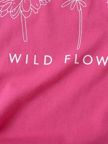 SHEIN Cô gái Tween Đồ họa hoa & chữ Áo thun - Màu Hồng Tươi - Xem 5