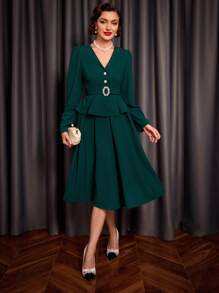 SHEIN DECDS Thanh lịch Vintage Của phụ nữ 2 Miếng Giáng sinh Màu xanh lá Ô dù Bộ váy - màu xanh lá - Xem 6