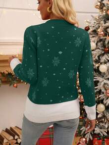 SHEIN LUNE Weihnachten Pullover mit Elchmuster und Kontrastbesatz - Grün - Übersicht 2