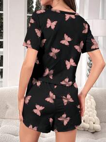 Butterfly Print Tee & Shorts PJ Set / Pajama Set - Black - View 2