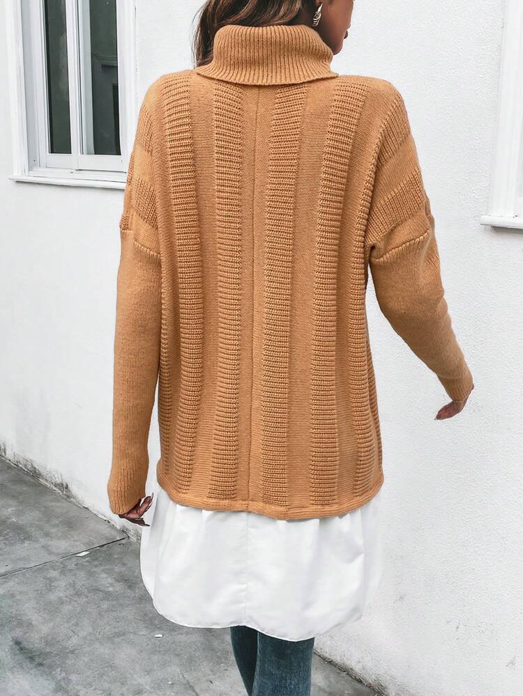 Turtleneck Drop Shoulder 2 In 1 Knit Pullover Fall Winter Sweater