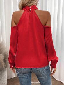 SHEIN Frenchy Blusa unicolor de hombros descubiertos de satén - Rojo - Ver 2