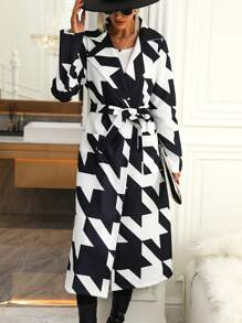 SHEIN LUNE Houndstooth Print Dual Pocket Belted Overcoat - Black and White - View 6
