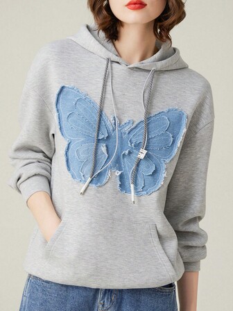 Butterfly Patched Drop Shoulder Drawstring Hoodie