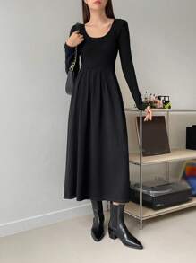 DAZY Chất rắn Scoop Cổ Đầm Áo len - màu đen - Xem 1