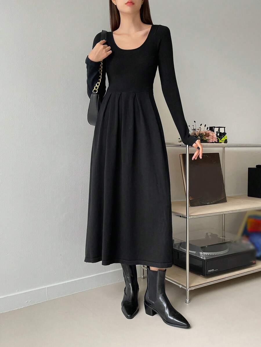 DAZY Chất rắn Scoop Cổ Đầm Áo len - màu đen - Xem 1