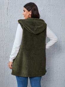 SHEIN LUNE Plus Drawstring Waist Hooded Flannel Vest Coat - Army Green - View 2