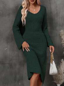 SHEIN Clasi Solid Flare Sleeve Sweater Dress - Green - View 1