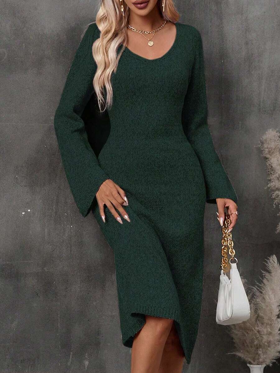 SHEIN Clasi Solid Flare Sleeve Sweater Dress - Green - View 1