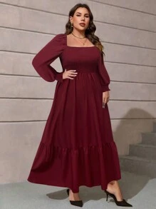 SHEIN LUNE Plus Square Neck Lantern Sleeve Ruffle Hem Dress - Burgundy - View 3