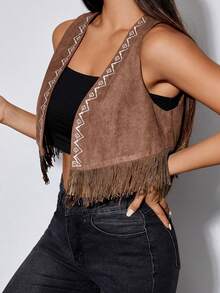 SHEIN PETITE Geo Embroidery Fringe Hem Vest Jacket - Brown - View 6