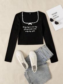 SHEIN EZwear 標語圖案蕾絲邊前蝴蝶結短款T恤 - 黑色 - 查看 5