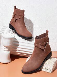 時尚扣飾裝飾的女性經典靴 - 咖啡棕 - 查看 2