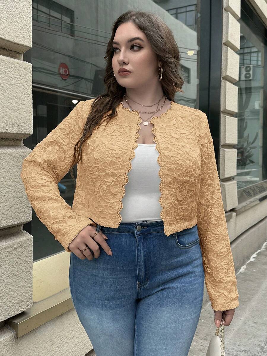 SHEIN Privé Talla grande Cazadora ribete en abanico con parte delantera abierta - Caqui - Ver 1