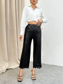 SHEIN Privé Contrast Lace Hem PU Leather Pants