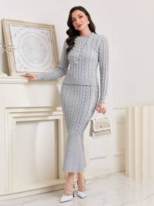 Modelyn Cable Knit Sweater & Mermaid Hem Knit Skirt - Light Grey - View 1
