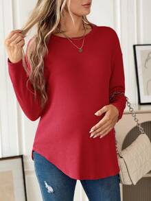 SHEIN 孕婦落肩袖弧形下擺T恤 - 酒紅色 - 查看 4