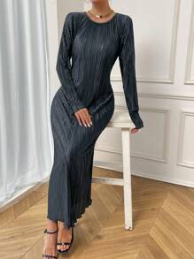 RosyDaze Vestido maxi con recorte de lechuga sólida y plisado para mujer