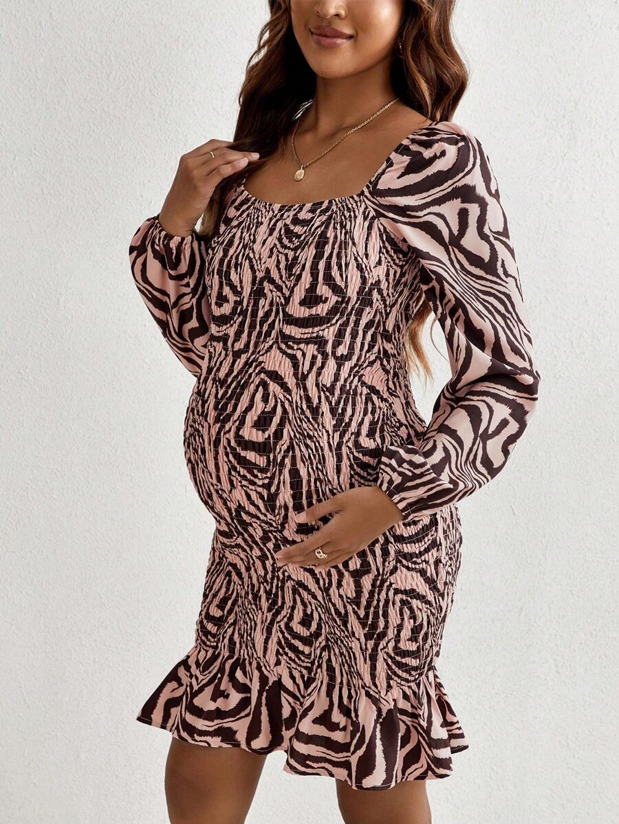 SHEIN 孕婦斑馬紋方領荷葉邊洋裝 - 彩色 - 查看 1