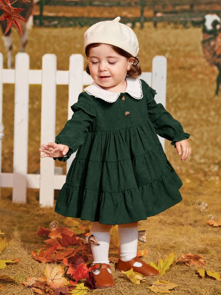 Baby Girl Contrast Collar Ruffle Hem Smock Dress