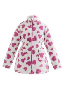 Teen Girl 1pc Heart Print Drop Shoulder Elastic Waist Reversible Coat - Multicolor - View 3