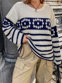 Flirla 加大码条纹几何图案落肩针织套头衫秋冬毛衣 - 杏色 - 查看 6