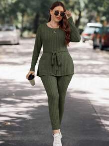 SHEIN LUNE Plus Split Hem Belted Tee & Leggings - Army Green - View 5
