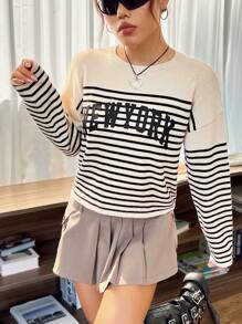 SHEIN EZwear Striped & Letter Pattern Drop Shoulder Sweater - Khaki - View 4