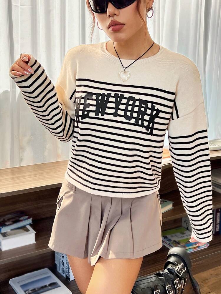 Striped & Letter Pattern Drop Shoulder Sweater
