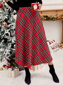 Chiquease Christmas Tartan Print Flare Skirt For New Year Clothes Maxi Women Outfit - Red - View 3