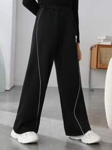 Tween Girl Letter Patched Reflective Contrast Piping Sweatpants - Black - View 6