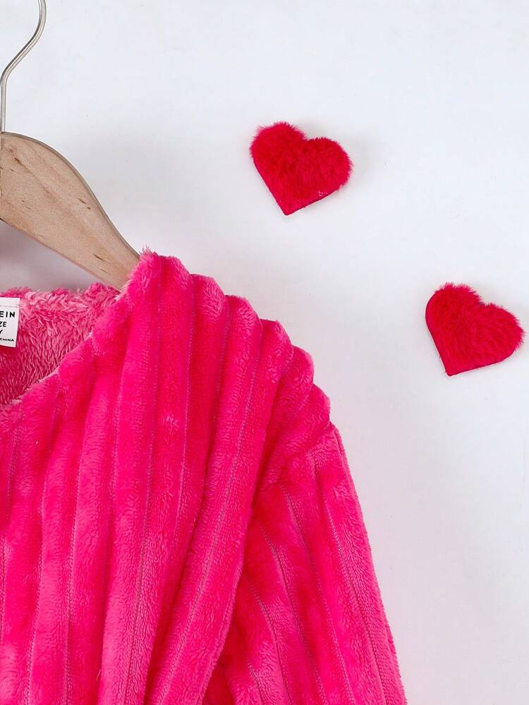 Young Girl Heart Pattern Pocket Belted Fleece Coat