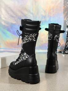 ROMWE Goth 女性搭扣裝飾亮片拼接小腿中部靴子,前衛戶外時尚靴子 - 白色 - 查看 5