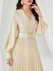 Modelyn Chất rắn Viền xếp Váy có thắt lưng - Màu be - Xem 6