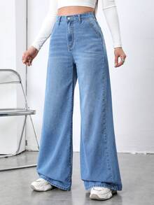 SHEIN EZwear Jeans Coolmax de cintura alta y pierna ancha - Lavado ligero - Ver 3