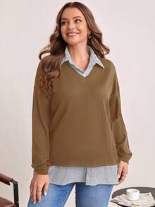EMERY ROSE Plus Striped Drop Shoulder 2 In 1 Sweater - Camel - View 4