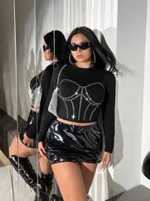 SHEIN ICON 大碼水鑽細節短款T恤 - 黑色 - 查看 6