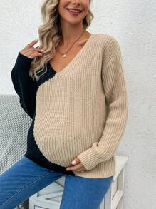 SHEIN Maternity Two Tone Drop Shoulder Sweater, For Winter - Khaki - View 6