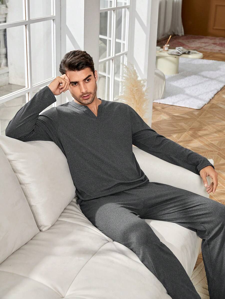 男士素色缺口領T恤和褲子 - 深灰色 - 查看 1