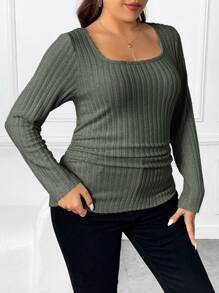 SHEIN Frenchy Plus Square Neck Ribbed Knit Tee - Dark Green - View 3